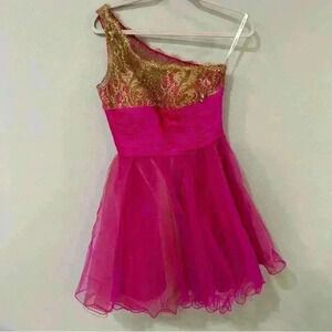 Sherri Hill One Strap Gold Hot Pink Babydoll Tiered Mini Prom Homecoming Dress 4